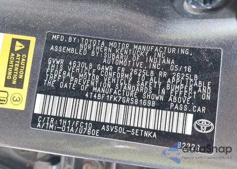 2016 Toyota Camry Le из США, поврежденный, VIN 4T4BF1FK7GR581698